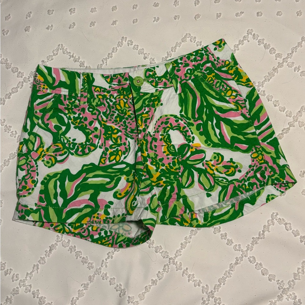 Lilly Pulitzer Green and Pink Bermuda Shorts Tropical Print Size 0